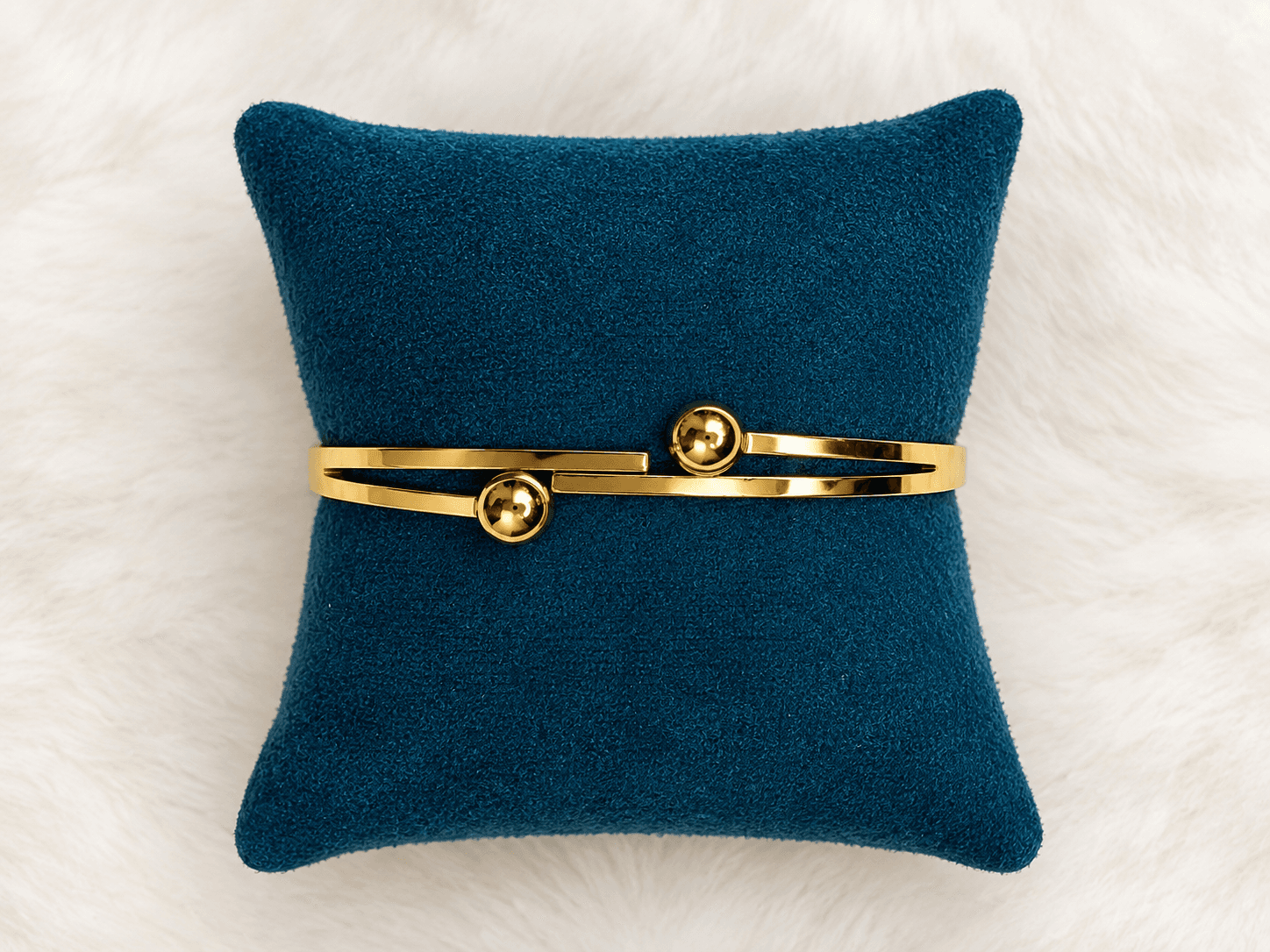 Modern Dual-Sphere Gold Open Cuff Bangle