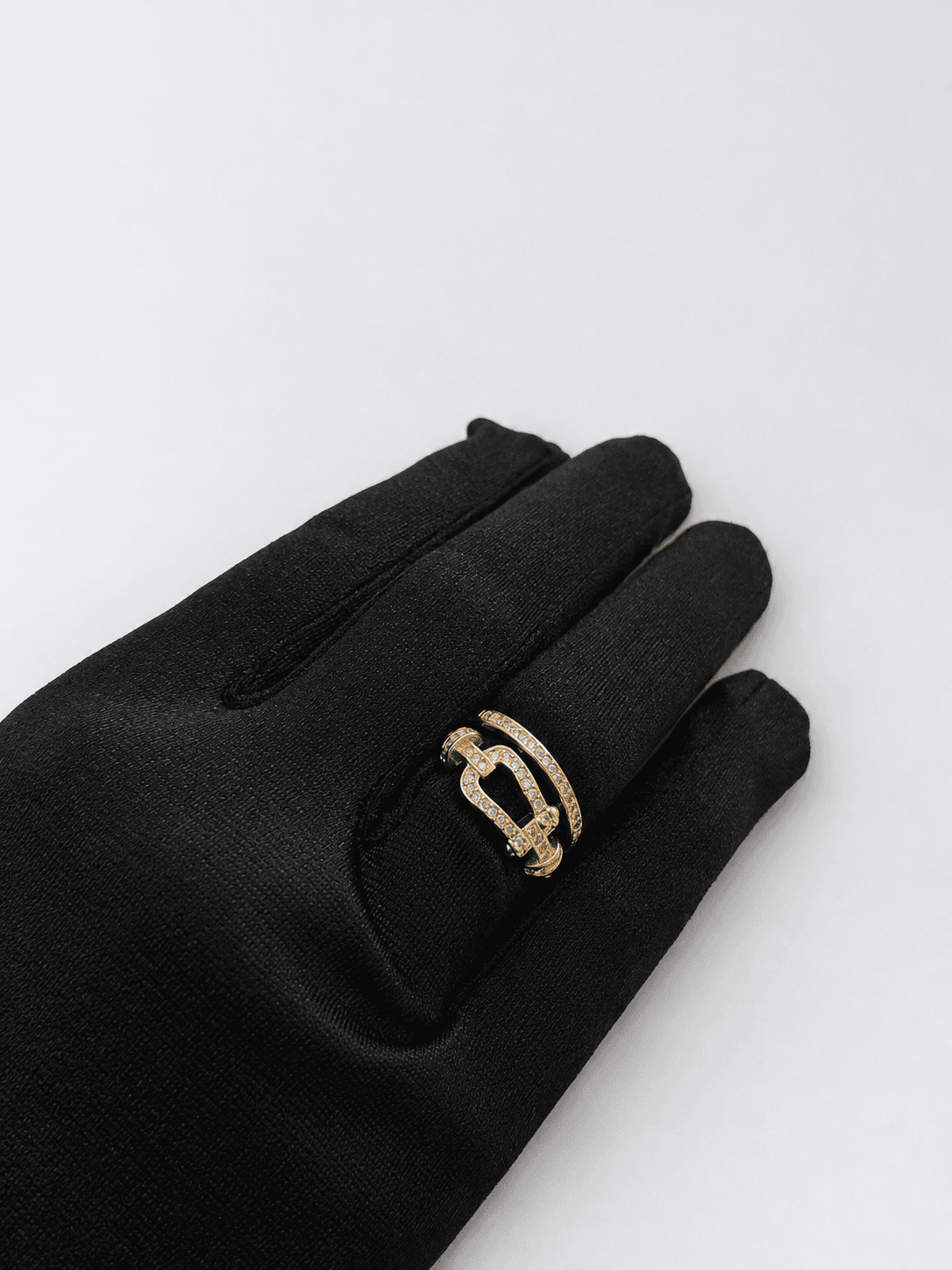 Horseshoe Buckle Pave Double-Band Gold Ring(Adjustable)