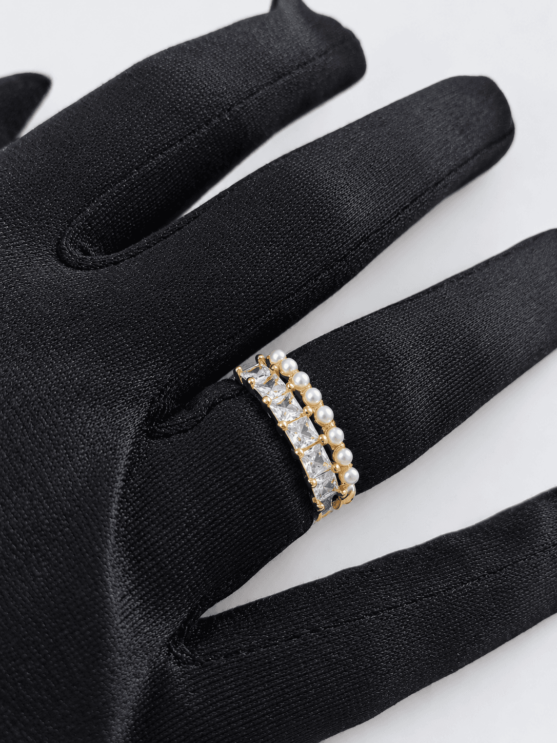 Dual-Band Pearl & Princess-Cut Crystal Ring(Adjustable)
